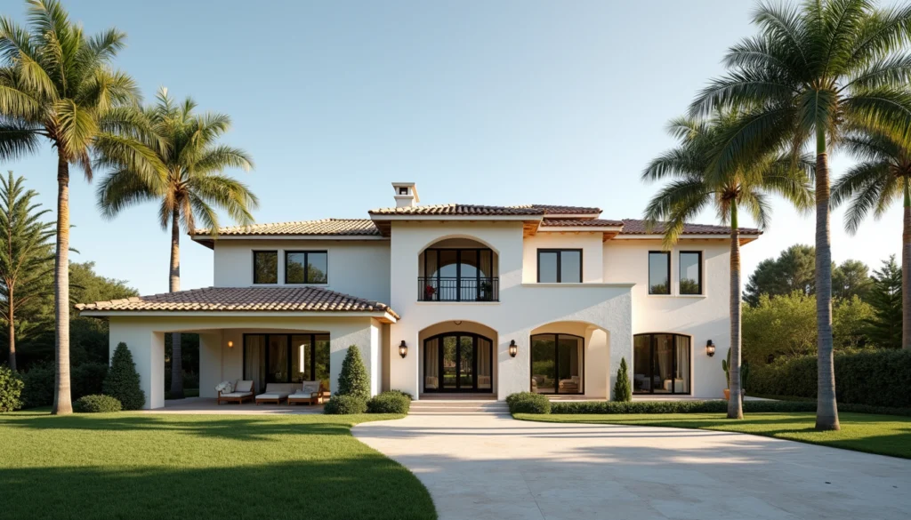 Eye-level view of a luxury Mediterranean-style home with palm trees