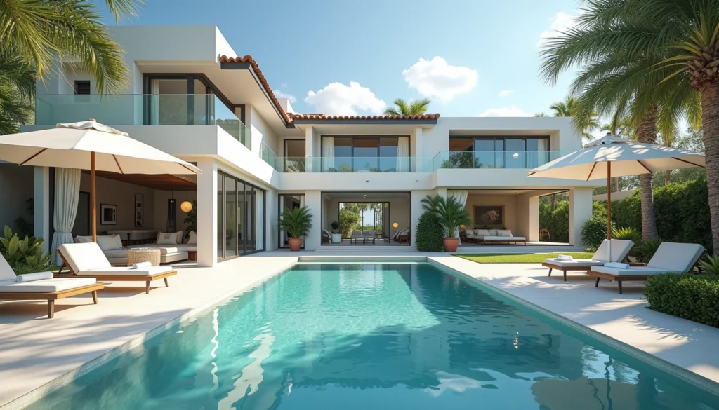 Eye-level view of a luxury vacation home with a private pool in Naples