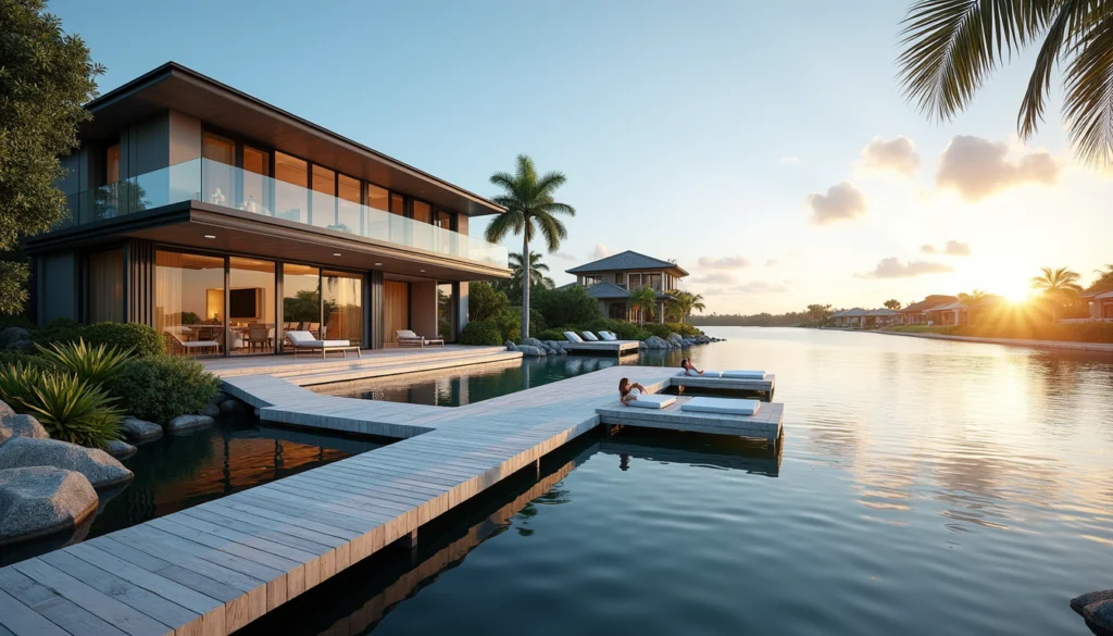 Eye-level view of a luxury waterfront home with a private dock in Naples