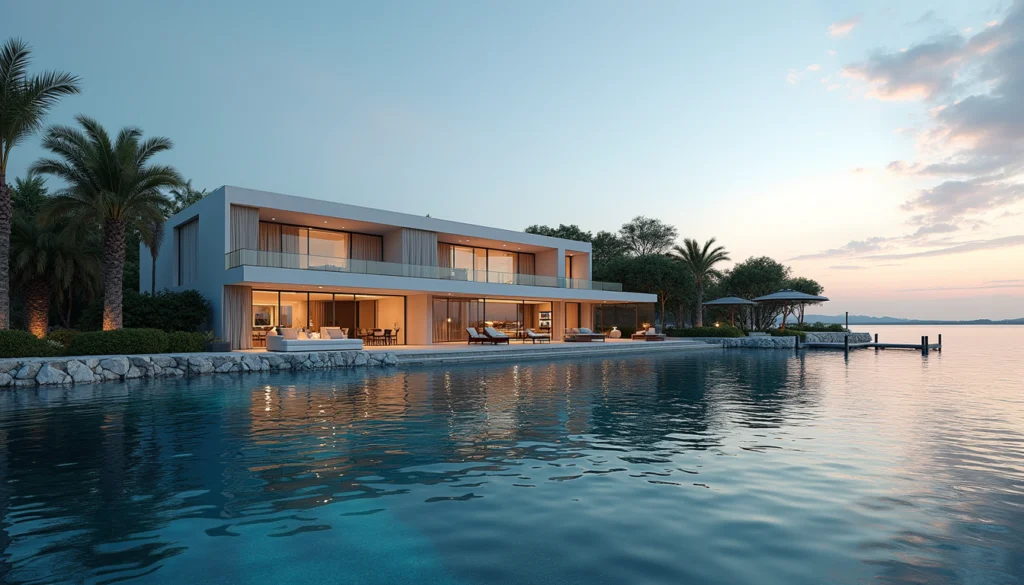 Eye-level view of a luxury waterfront home with a private dock in Naples