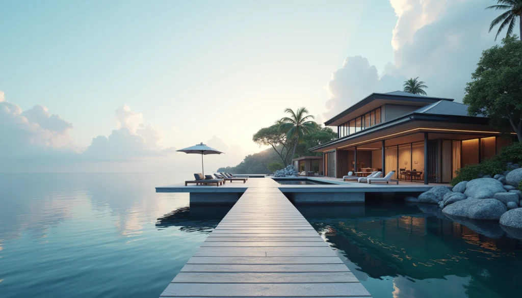Eye-level view of a luxury waterfront home with a private dock and calm water