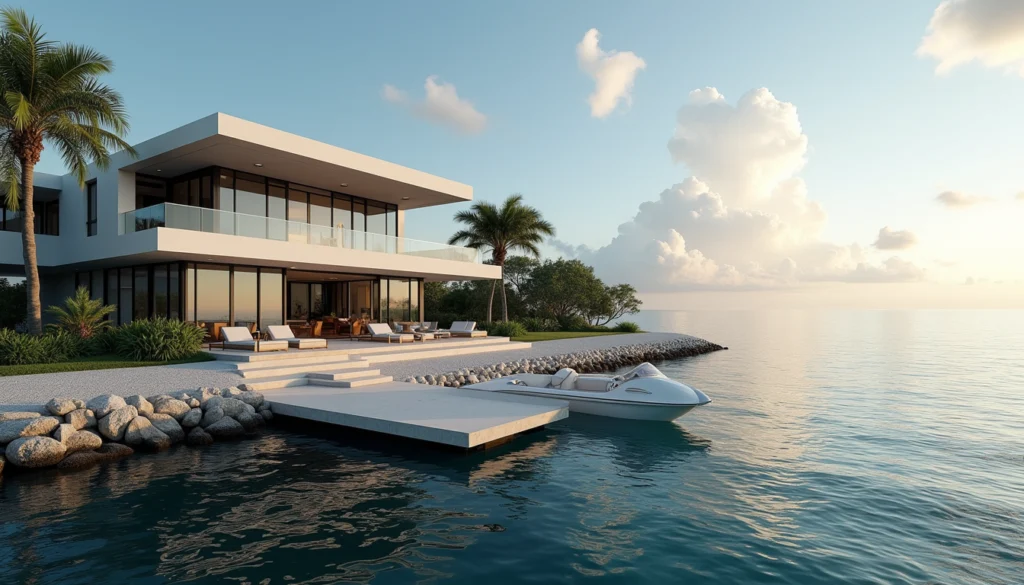 Eye-level view of a luxury waterfront home with a private dock in Naples