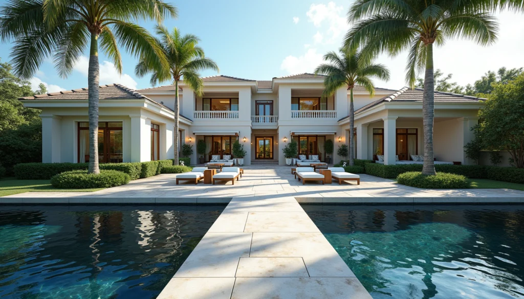 Eye-level view of a luxury waterfront home with a private dock in Naples