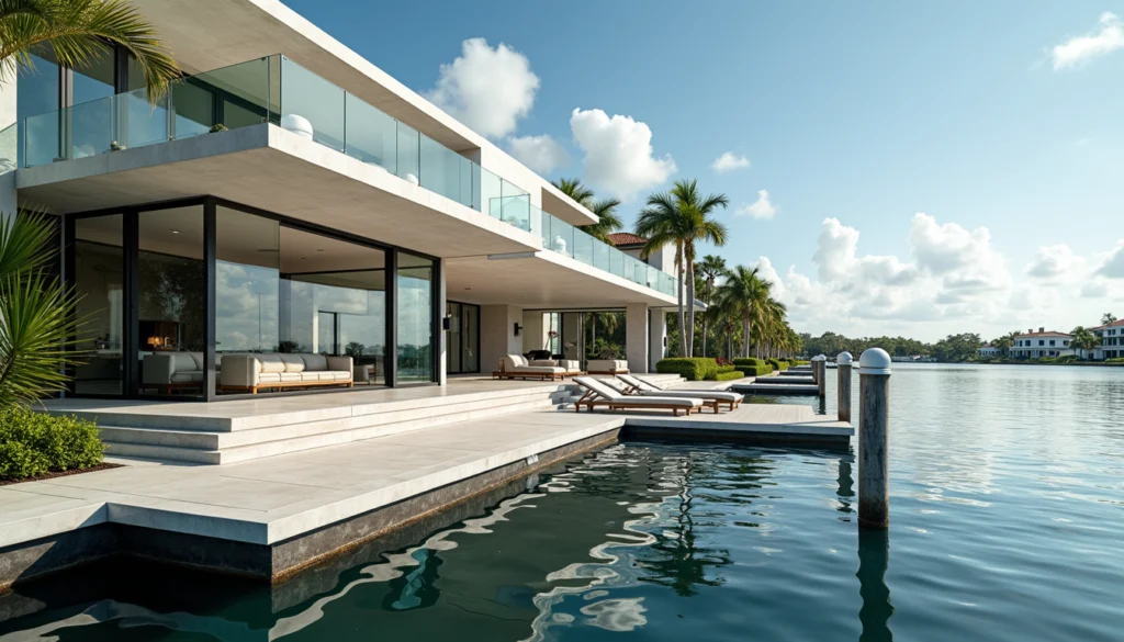 Eye-level view of a luxury waterfront home with a private dock in Naples