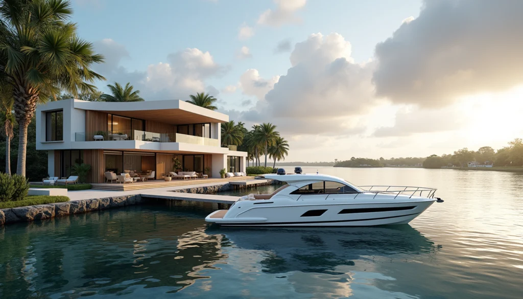 Eye-level view of a luxury waterfront home with a private dock in Naples