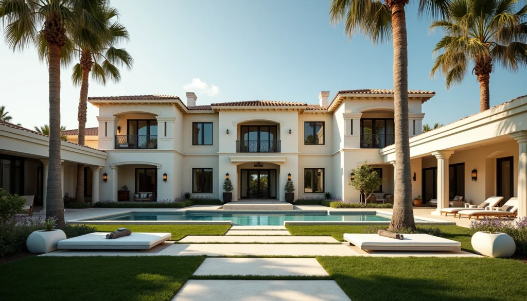 Eye-level view of a Mediterranean-style luxury home with palm trees
