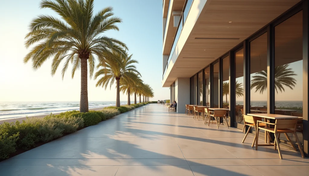 Eye-level view of a modern beachfront development with palm trees and outdoor seating