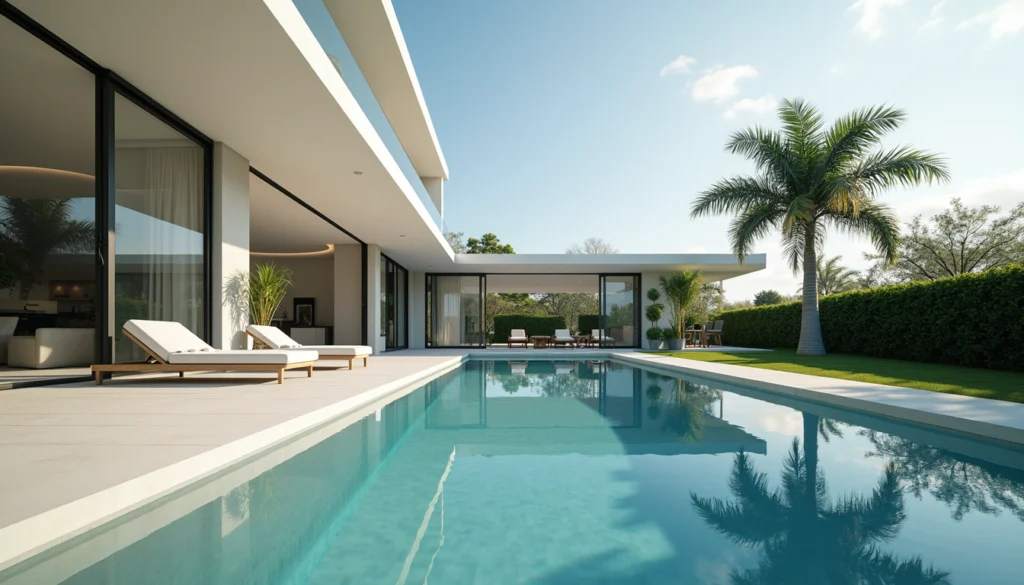 Eye-level view of a modern luxury home with a private pool and palm trees