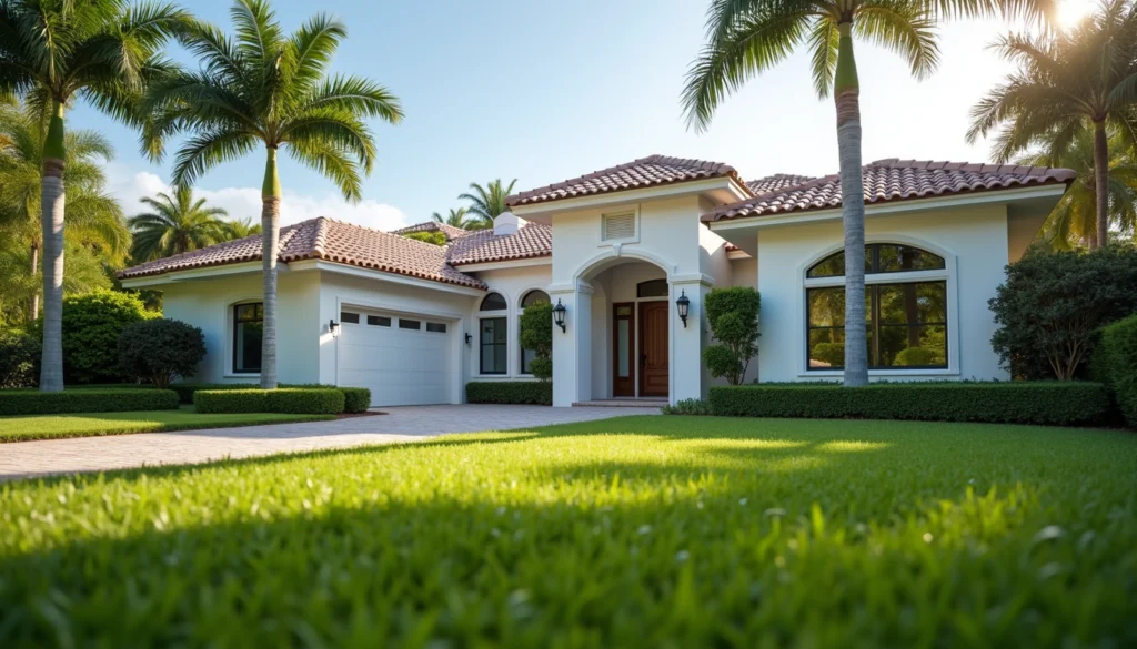 Eye-level view of a modern Naples home with a well-manicured lawn