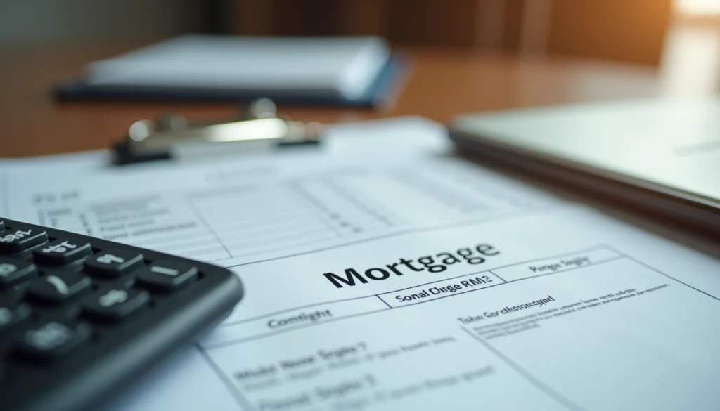 Eye-level view of a mortgage document and calculator
