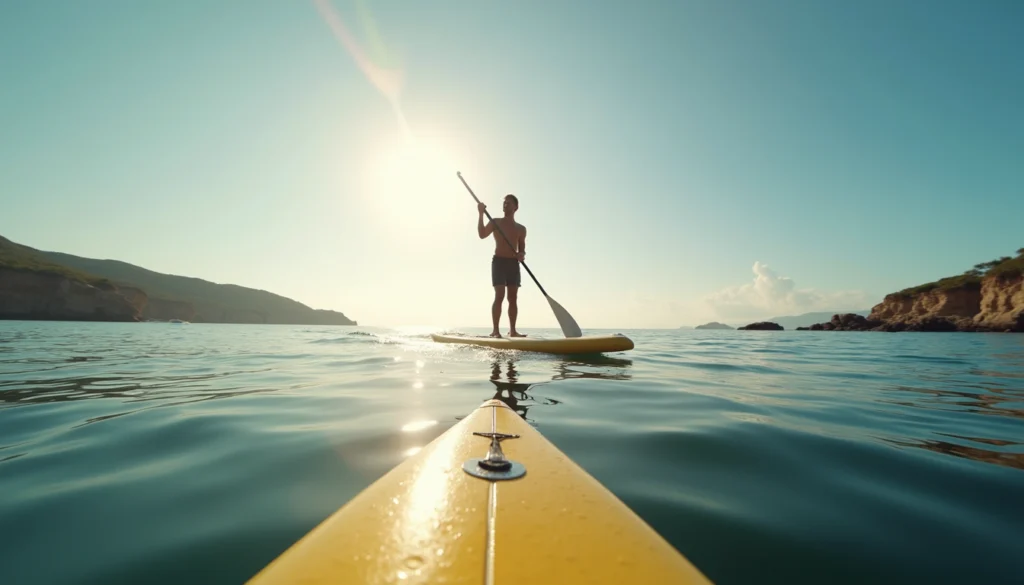 Eye-level view of a paddleboarder gliding through calm waters
