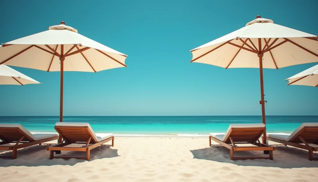 Eye-level view of a private beach with lounge chairs and umbrellas