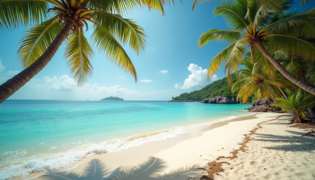 Eye-level view of a sandy beach with turquoise water and palm trees