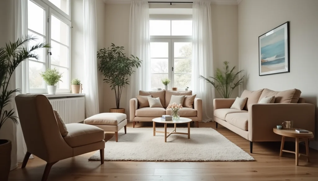 Eye-level view of a tidy living room with minimal furniture