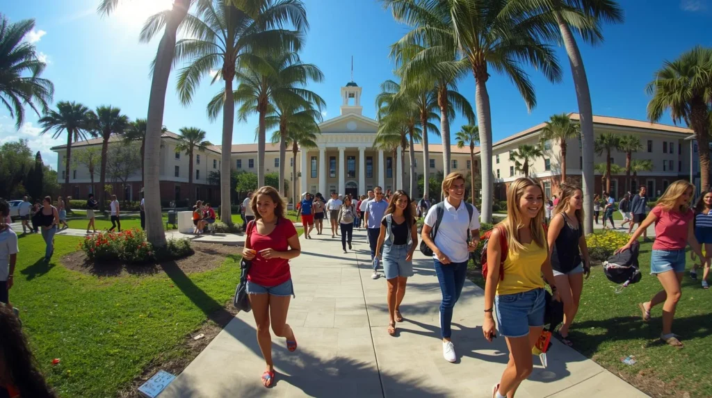 Eye-level view of a university campus with students walking