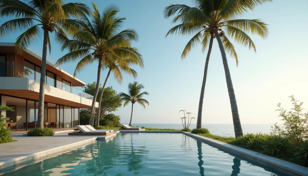 Eye-level view of luxury beachfront home with palm trees