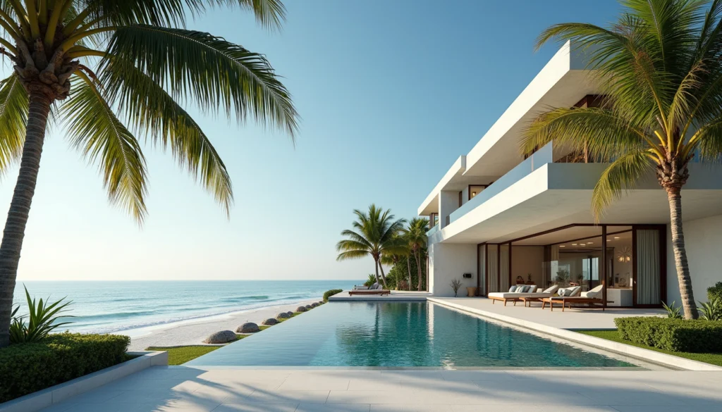 Eye-level view of luxury beachfront home with palm trees