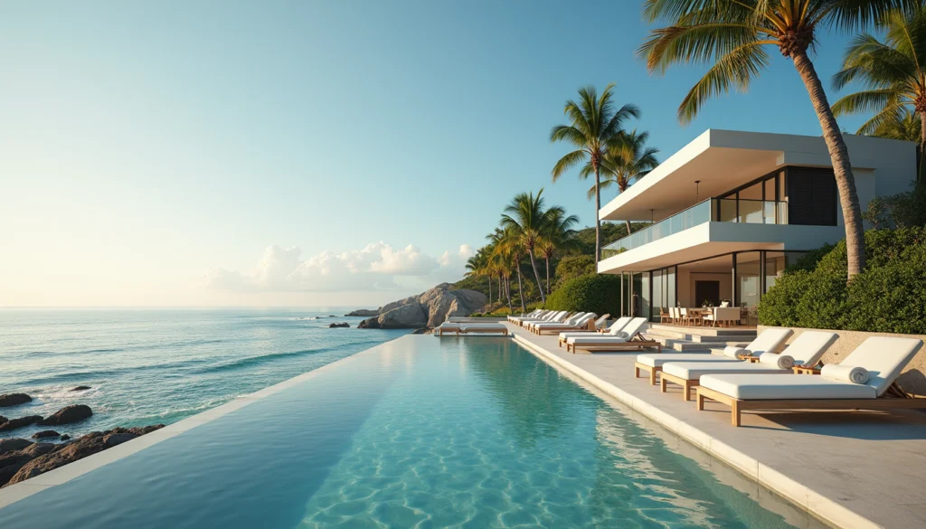 Eye-level view of luxury beachfront home with palm trees