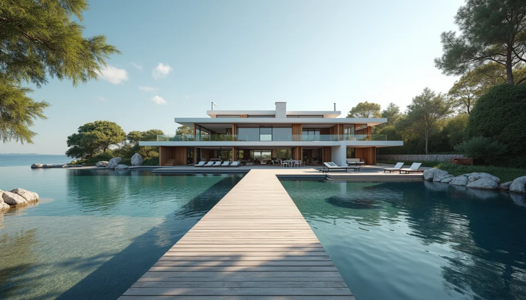 Eye-level view of luxury waterfront estate with a private dock