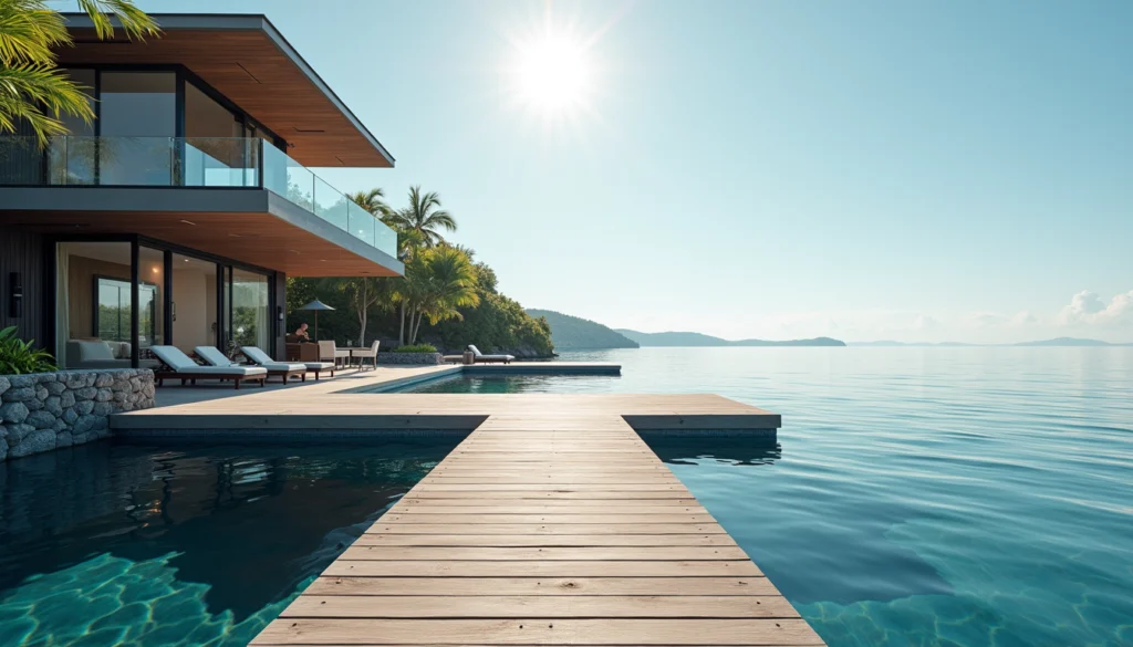Eye-level view of luxury waterfront estate with a private dock