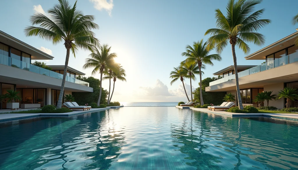 Eye-level view of luxury waterfront estate with palm trees
