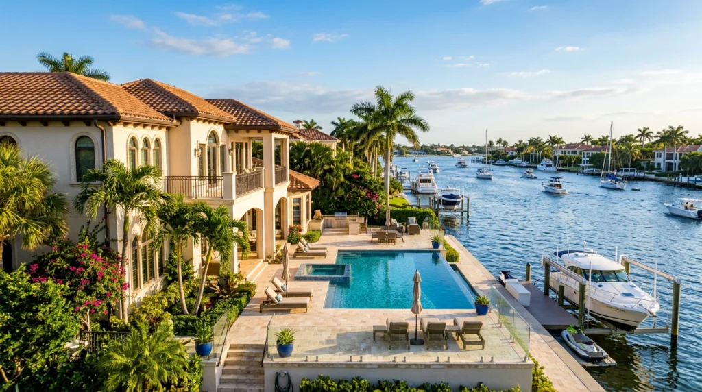 Eye-level view of luxury waterfront estate with palm trees