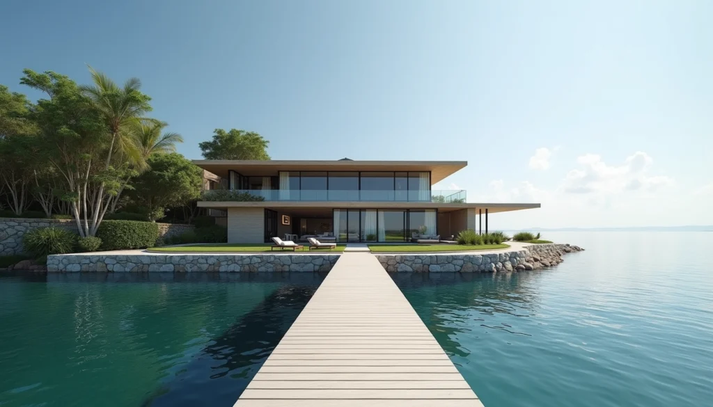 Eye-level view of luxury waterfront home with a private dock