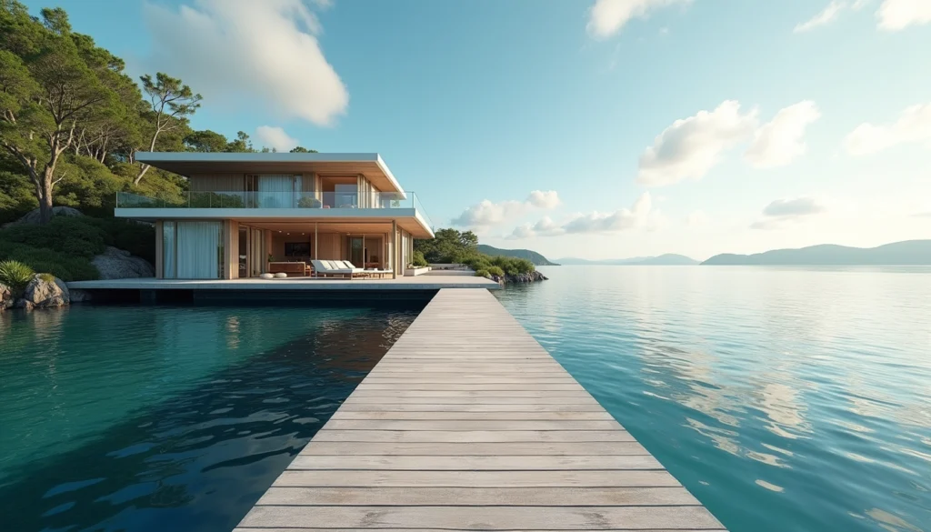 Eye-level view of luxury waterfront home with a private dock