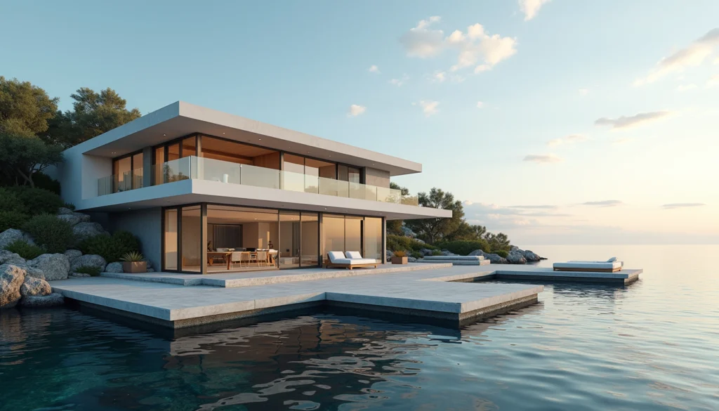 Eye-level view of luxury waterfront home with a private dock