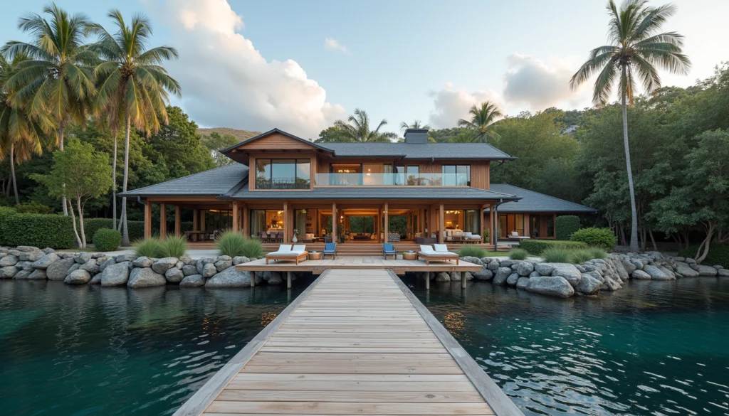 Eye-level view of luxury waterfront home with a private dock