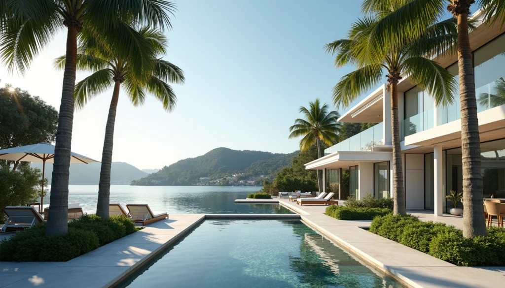 Eye-level view of luxury waterfront home with palm trees