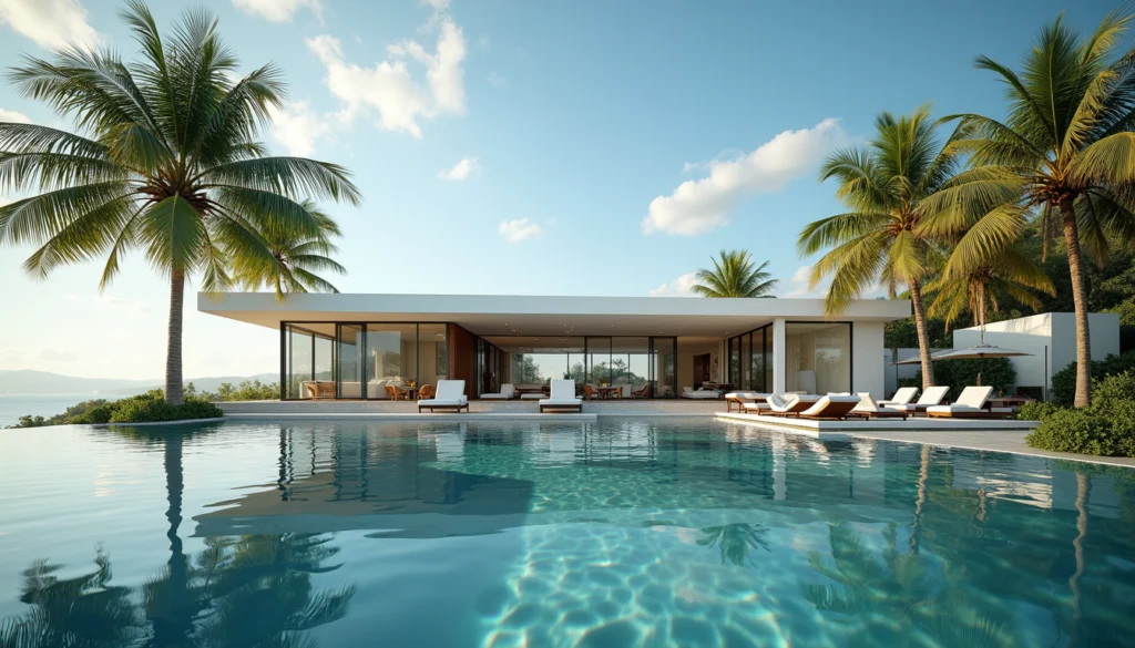 Eye-level view of luxury waterfront home with palm trees