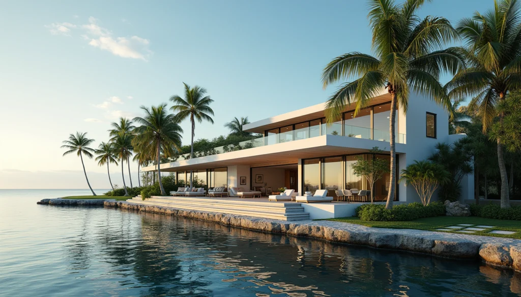Eye-level view of luxury waterfront home with palm trees in Naples