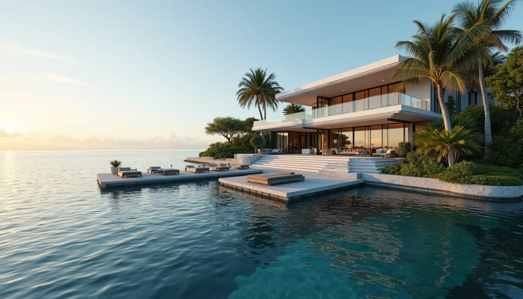 Eye-level view of luxury waterfront home with private dock in Naples