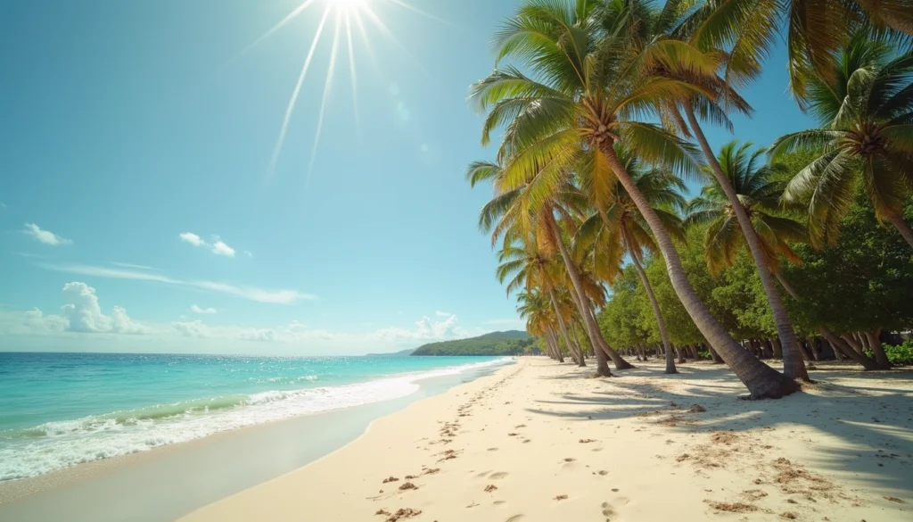 Eye-level view of sandy beach with palm trees