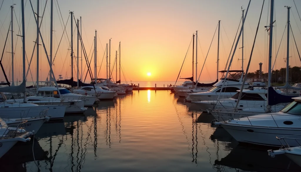 Eye-level view of sunset over Naples marina with boats docked