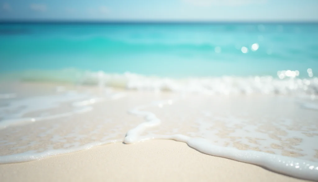 Eye-level view of white sandy beach with calm blue water
