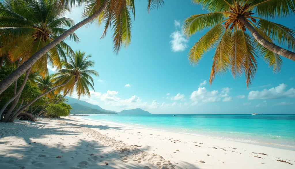 Eye-level view of white sandy beach with turquoise water and palm trees