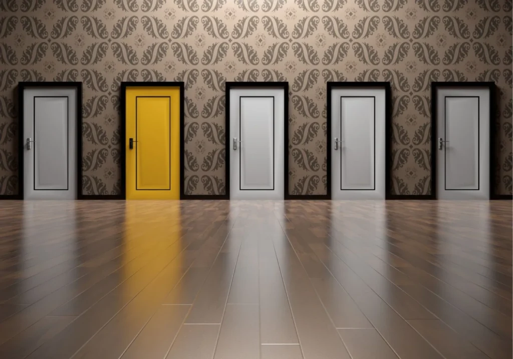Five front door designs with one yellow door featured