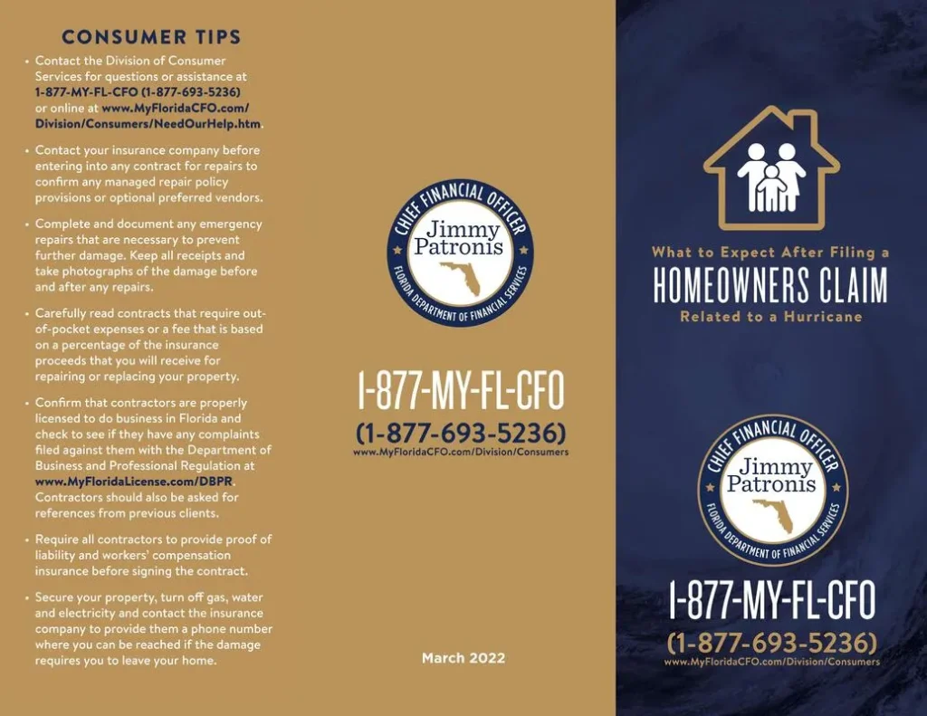 Florida CFO brochure on what to expect after filing a hurricane homeowners claim