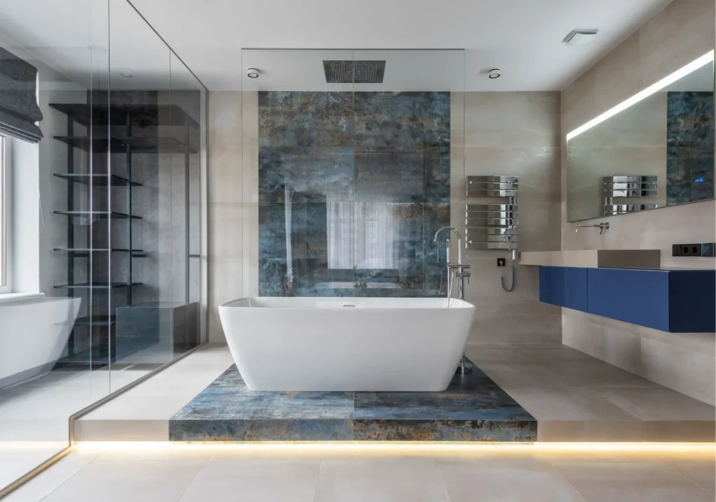 Free-standing white modern tub in middle of bathroom
