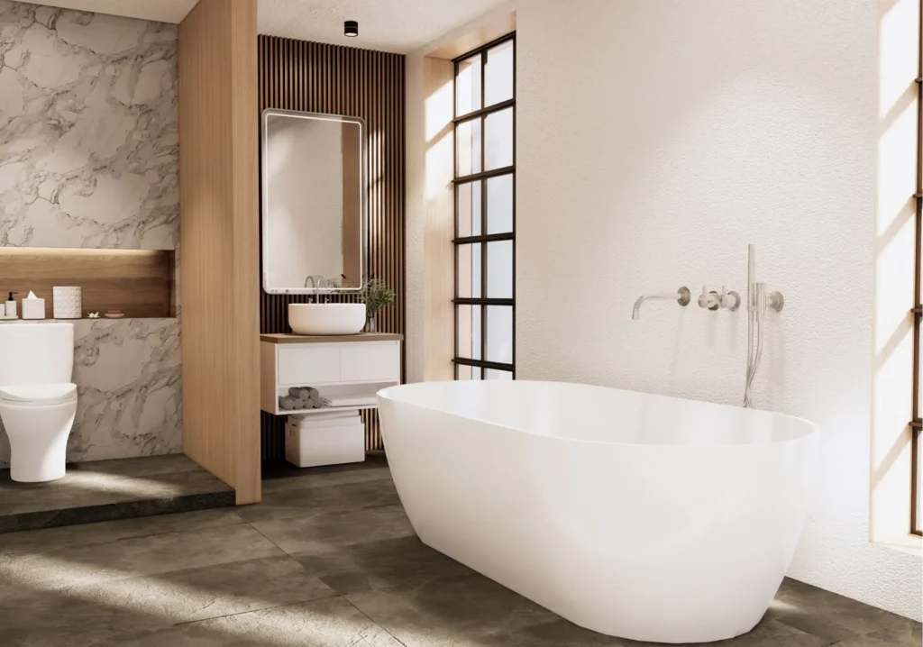 Free-standing white tub in an Asian designed bathroom