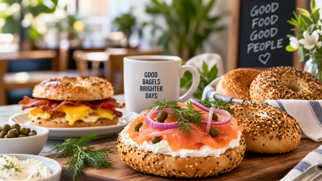 Fresh bagels with smoked salmon, cream cheese, breakfast sandwiches and coffee on a café table, representing Empire Bagel Factory in Naples, Florida.