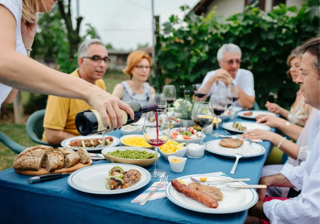 Friends enjoying dinner outdoors