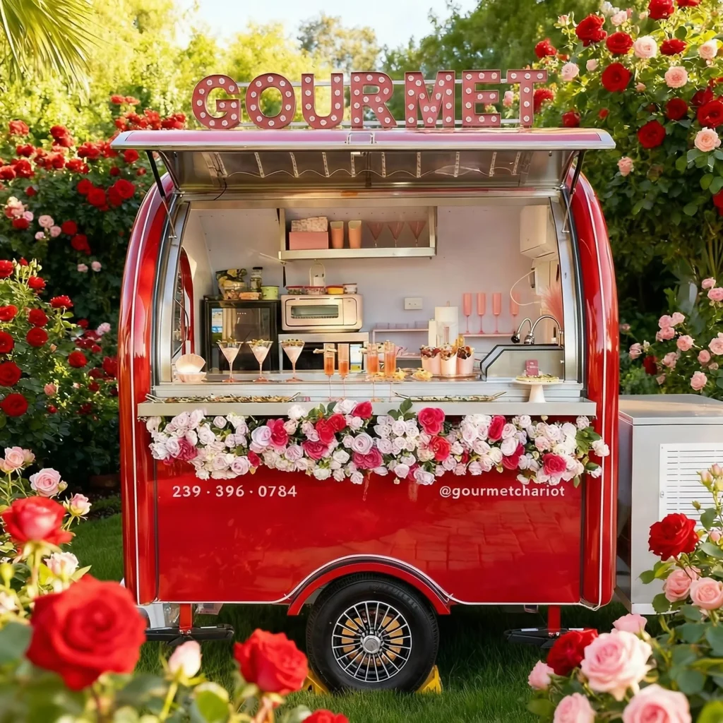 Gourmet Chariot food cart surrounded by rose bushes