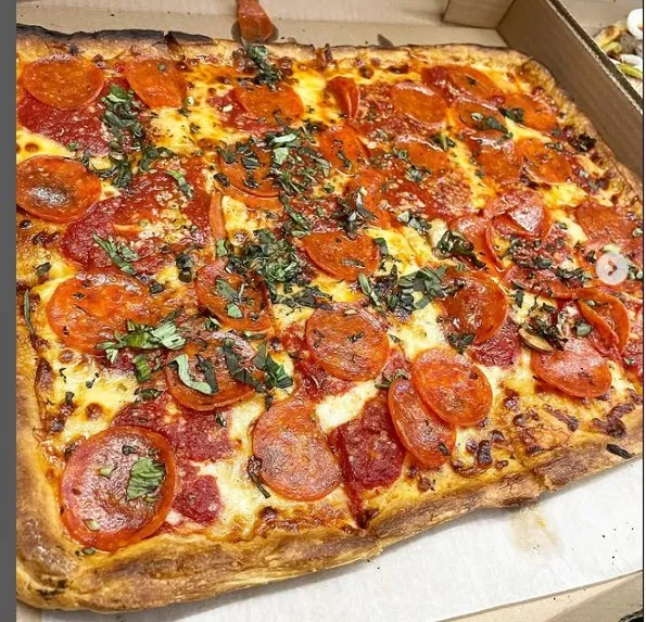 Grandma style pepperoni pizza at Baci Trattoria