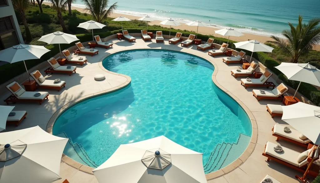 High angle view of a beach club pool area with lounge chairs and umbrellas