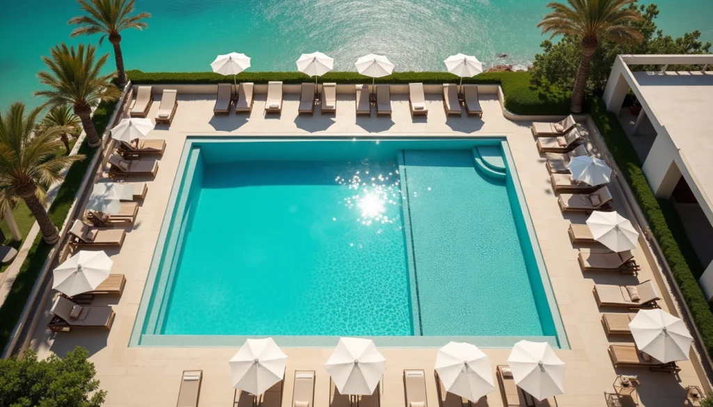High angle view of a beach club pool area with sun loungers