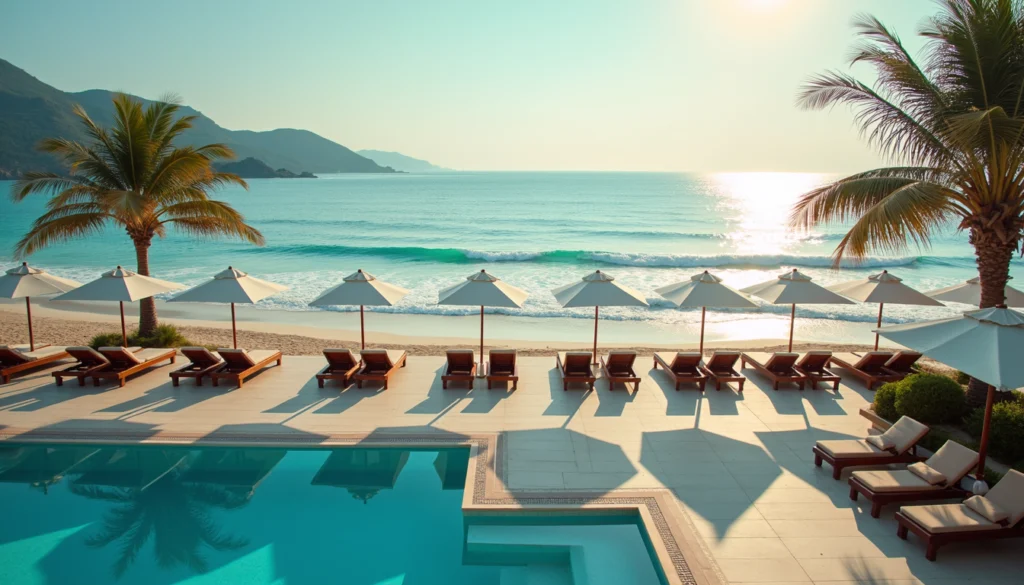 High angle view of a beach club with lounge chairs and umbrellas by the ocean