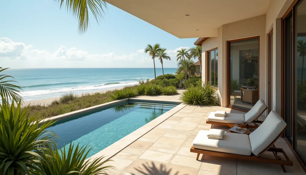 High angle view of a beachfront vacation home with outdoor seating in Naples